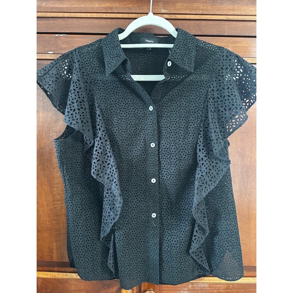 Theory Black Eyelet Ruffle Sleeveless Button Down Shirt Top Large
